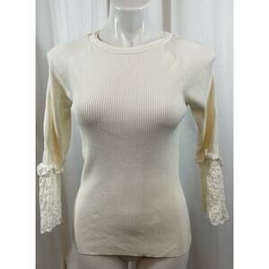 50% OFF Carmen Marc Valvo Top Ribbed Lace Sleeves Stretch Off White Blouse